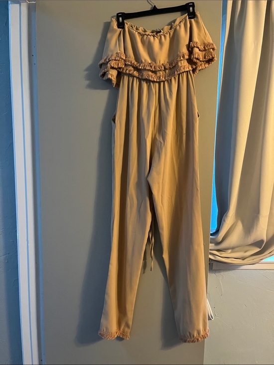 Pants - Off-Shoulder Ruffle Jumpsuit in Tan